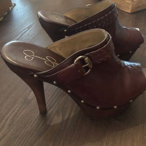 Peep toe rugged brown 4 1/2 inch slip on heels